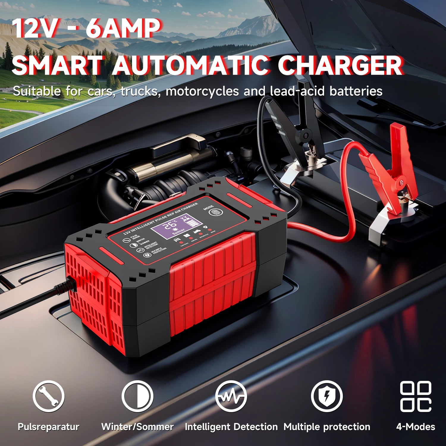 12V 6A Smart Battery Charger with LCD and Pulse Repair Mode