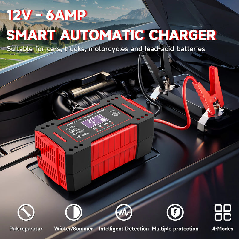 12V 6A Smart Battery Charger with LCD and Pulse Repair Mode