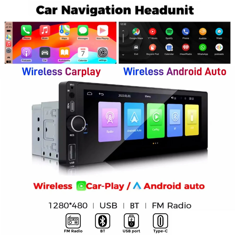 6.86-Inch 1-DIN Wireless CarPlay and Android Auto Car Stereo