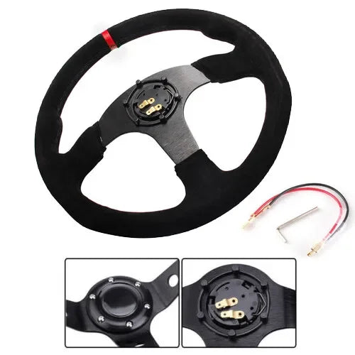 14 Inch 350mm Car Red Racing Suede Leather & Aluminum Alloy Steering Wheel Flat with Horn Button Red