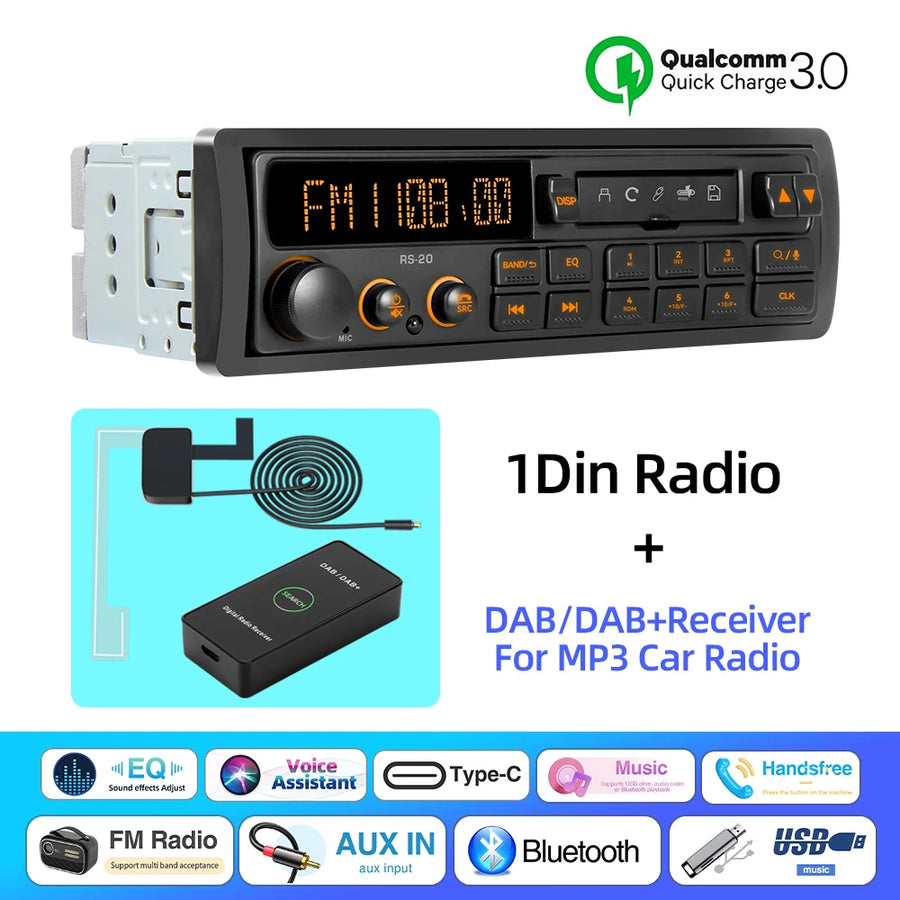 Retro 1-DIN Bluetooth Car Stereo with FM, AM, RDS, DAB, USB and AUX
