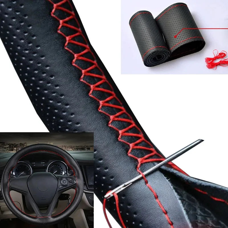 DIY Two-Tone Leather Steering Wheel Cover with Needle and Thread