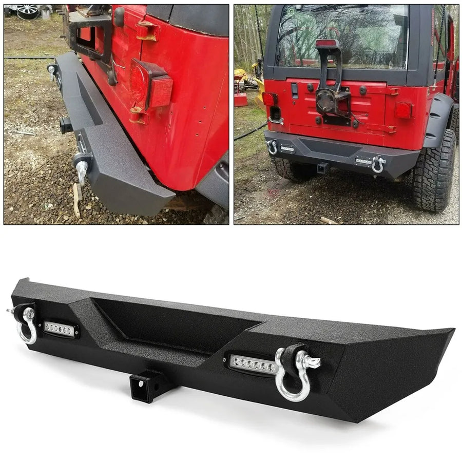 Steel Rear Bumper with Hitch & LED Lights – 1987–2006 Jeep Wrangler