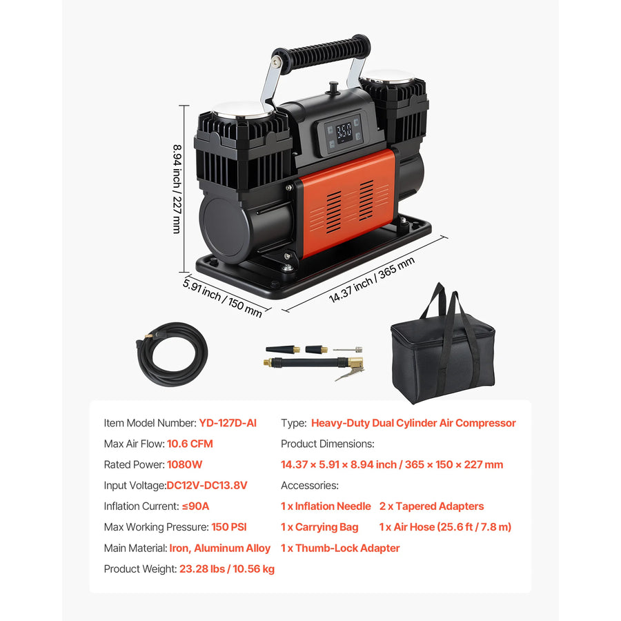 12V Dual-Cylinder Tire Inflator – 150 PSI / 10.6 CFM