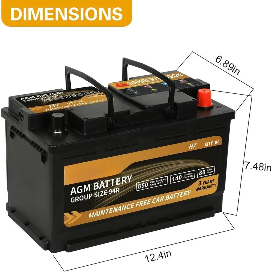 H7 Group 94R 12V 80Ah AGM Automotive Battery - 850 CCA