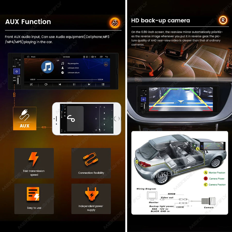 6.86-Inch 1-DIN Wireless CarPlay and Android Auto Car Stereo with SWC Support