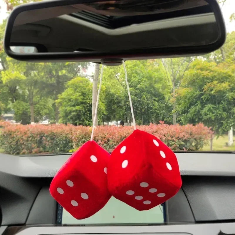 Pair of Retro Plush Fuzzy Dice Rearview Mirror Ornaments