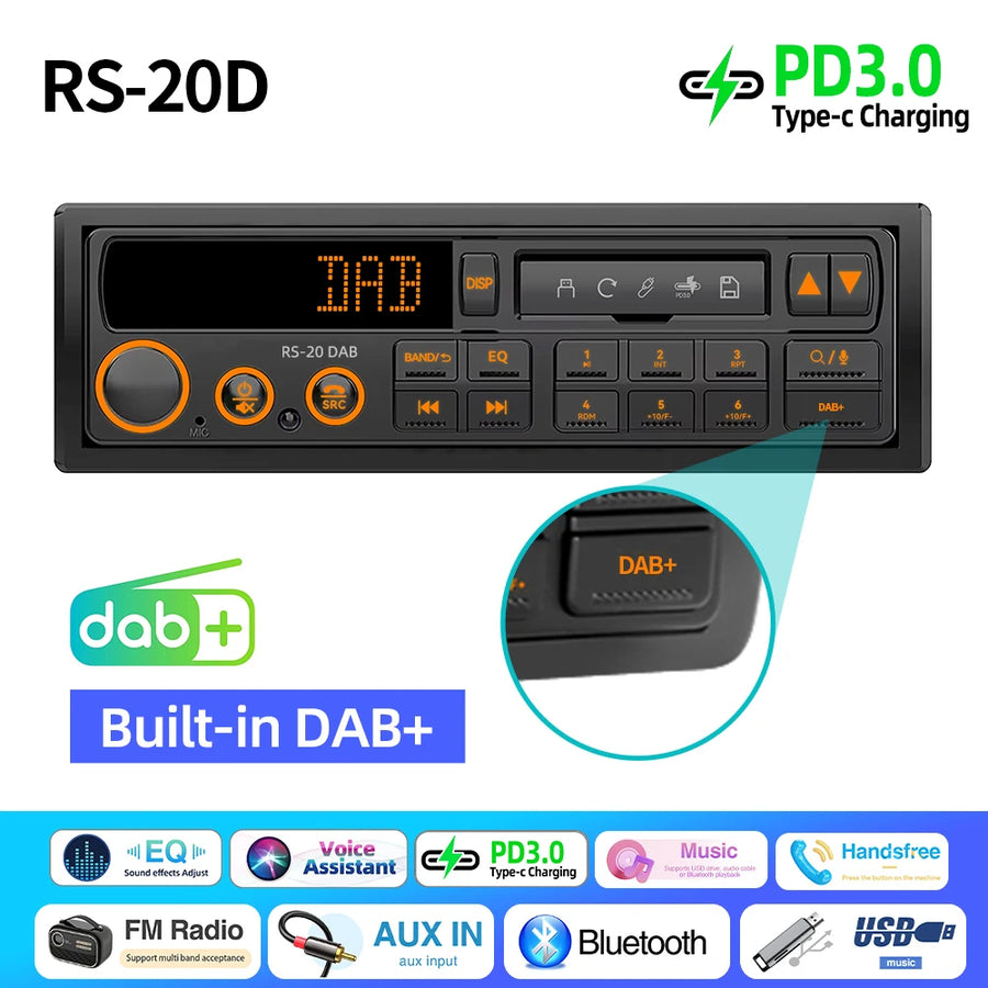Retro 1-DIN Bluetooth Car Stereo with FM, AM, RDS, DAB, USB and AUX