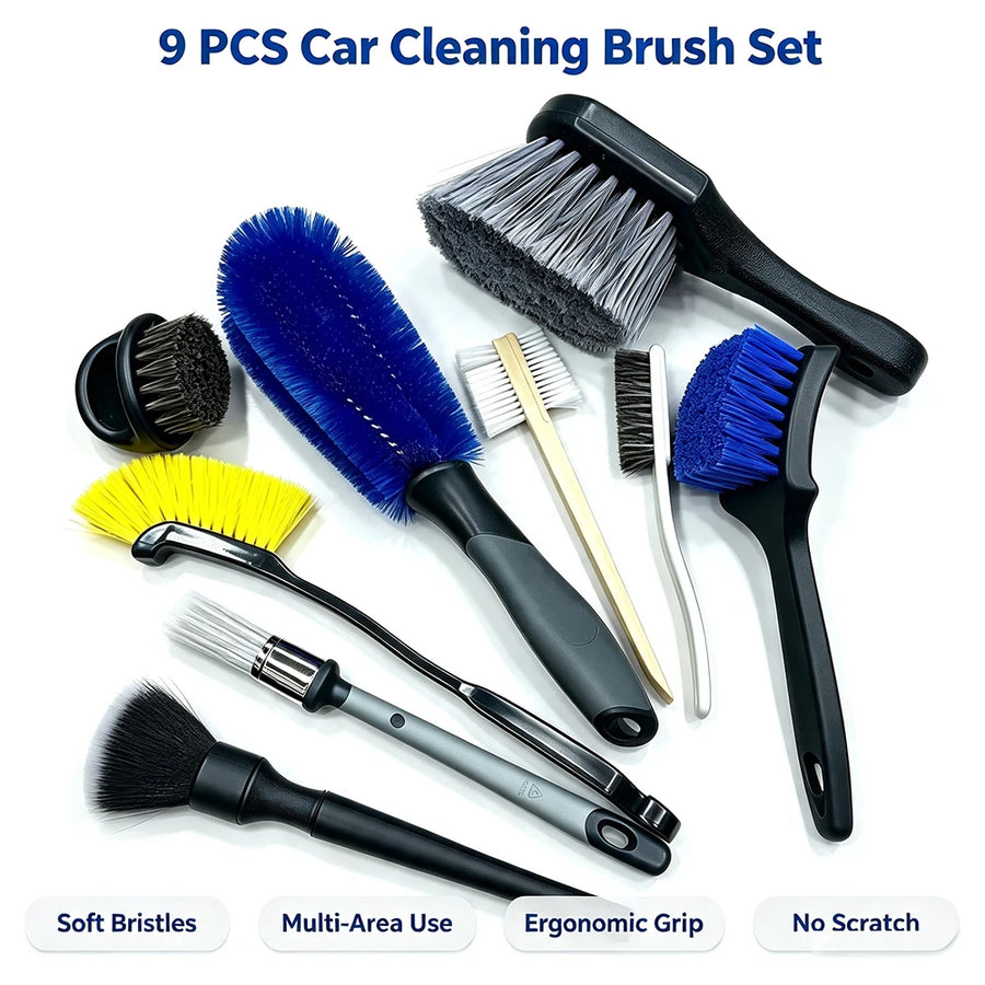 9-Piece Car Detailing Brush Set for Interior & Exterior