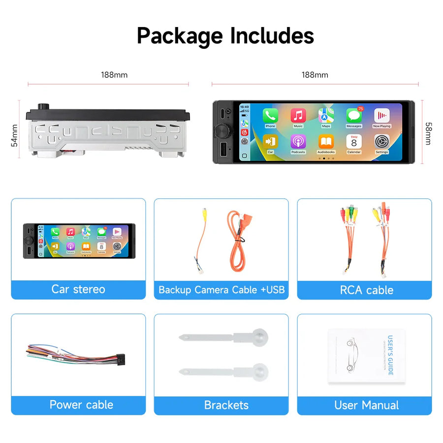 6.28-Inch 1-DIN Wireless CarPlay and Android Auto Car Stereo
