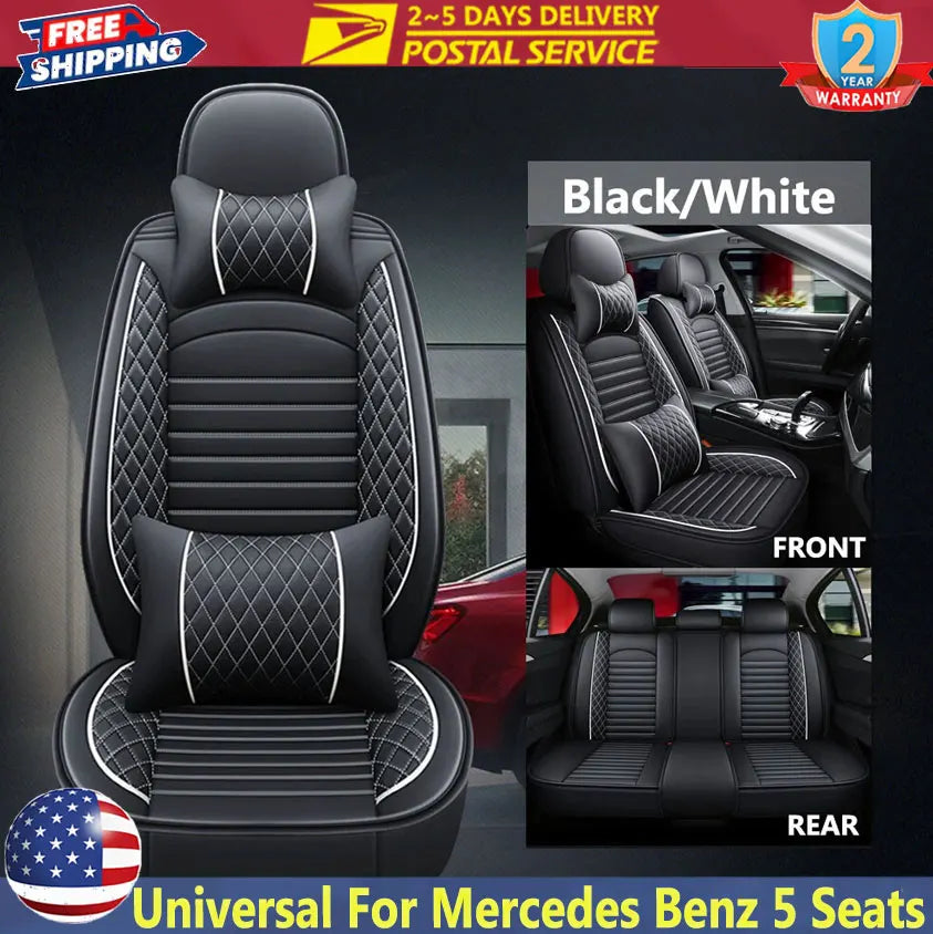 Universal 5-Seat Full-Coverage PU Leather Seat Cover Set – Black/White