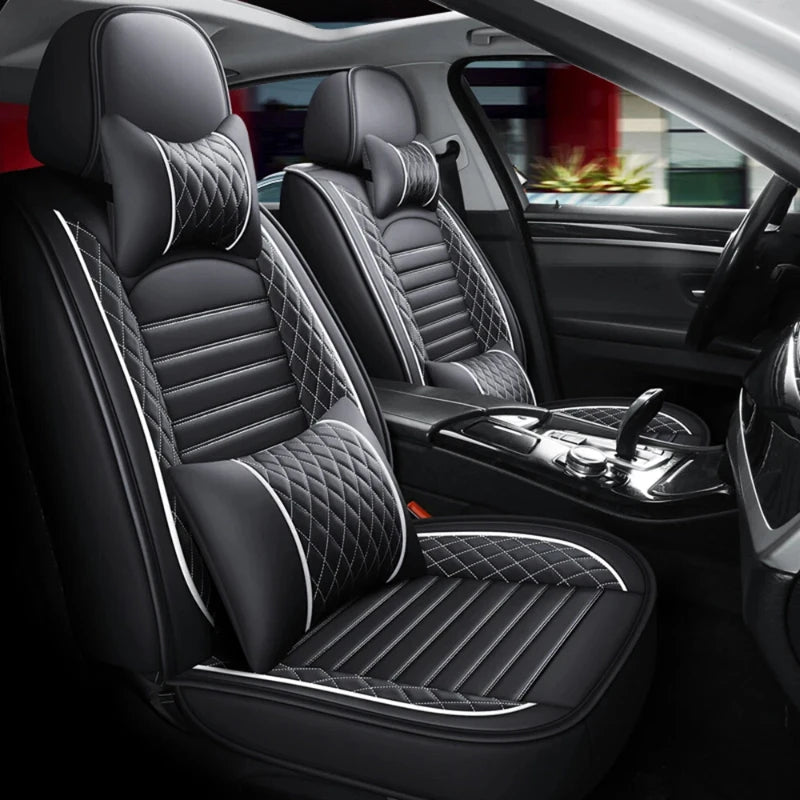 Universal 5-Seat Full-Coverage PU Leather Seat Cover Set – Black/White