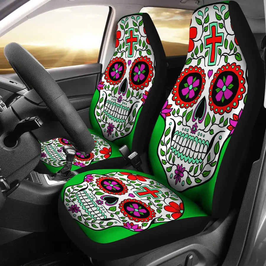 2-Piece Sugar Skull Day of the Dead Front Car Seat Cover Set