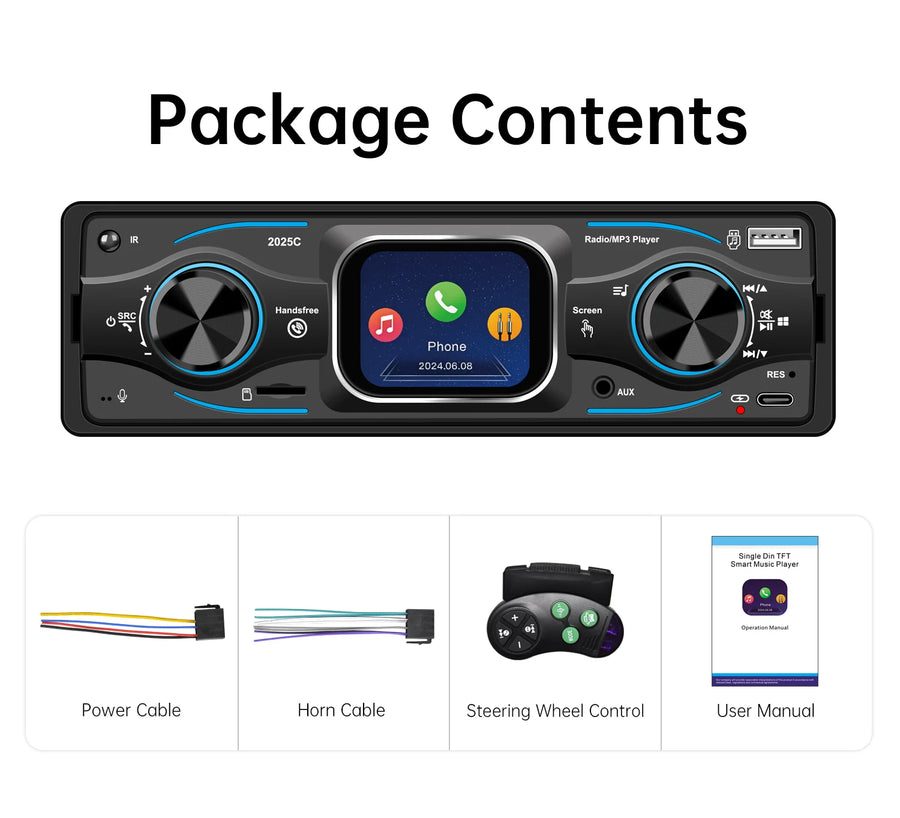 1-DIN Bluetooth 6.0 Touchscreen Car Stereo