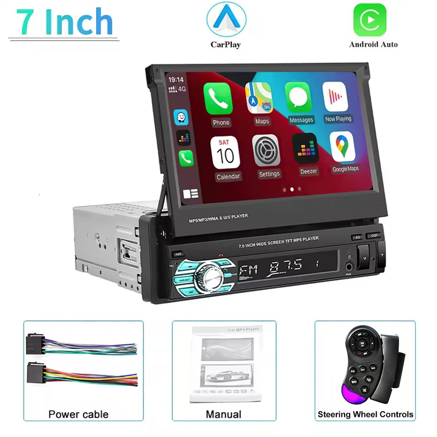 7-Inch 1-DIN Retractable CarPlay and Android Auto Car Stereo