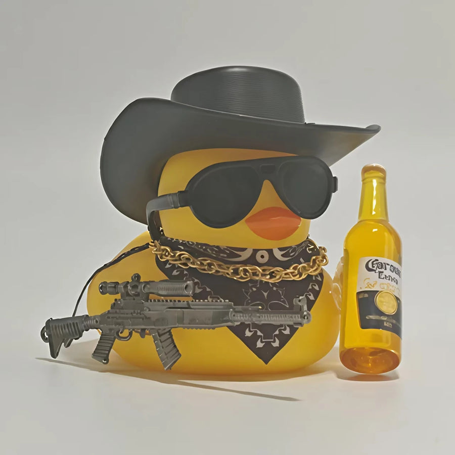 Cool Black Yellow Rich Duck Car Dashboard Decoration Ornaments with Weapon Cowboy Hat Scarf