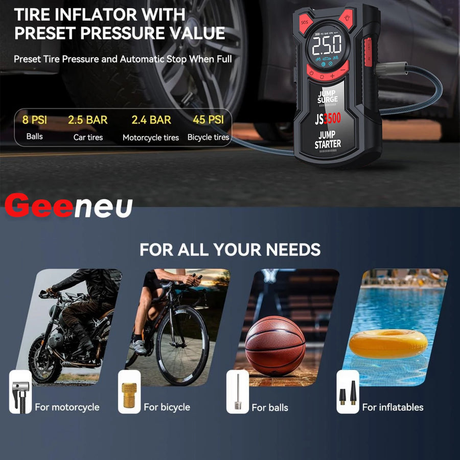 12V Car Jump Starter with Air Compressor, Power Bank and Flashlight