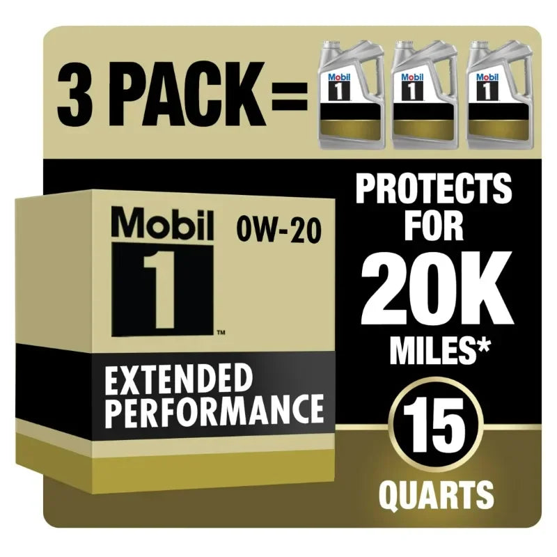 Mobil 1 Extended Performance Full Synthetic 0W-20 Motor Oil, 5 Quart Pack of 3