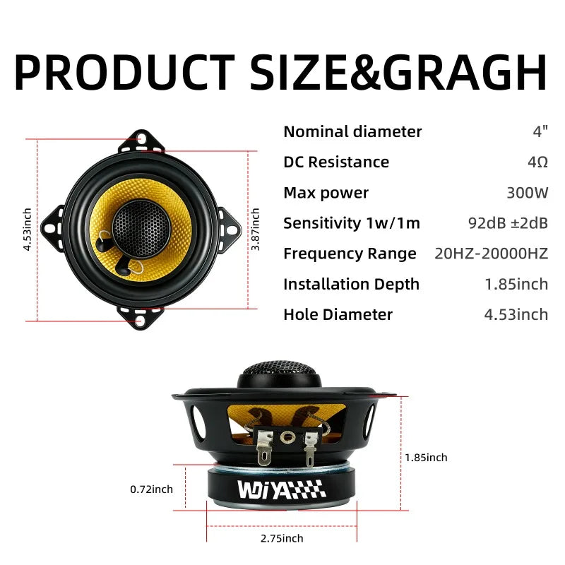 4-Inch 300W 2-Way Coaxial Car Speakers