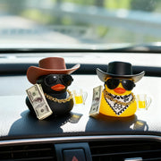 Cool Black Yellow Rich Duck Car Dashboard Decoration Ornaments with Weapon Cowboy Hat Scarf