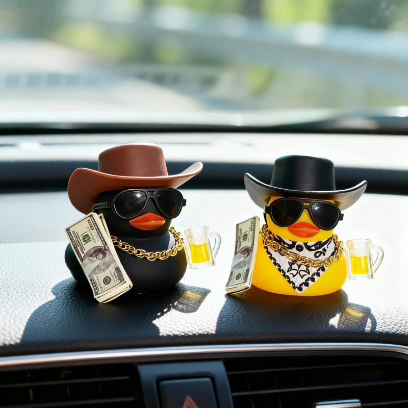 Cool Black Yellow Rich Duck Car Dashboard Decoration Ornaments with Weapon Cowboy Hat Scarf