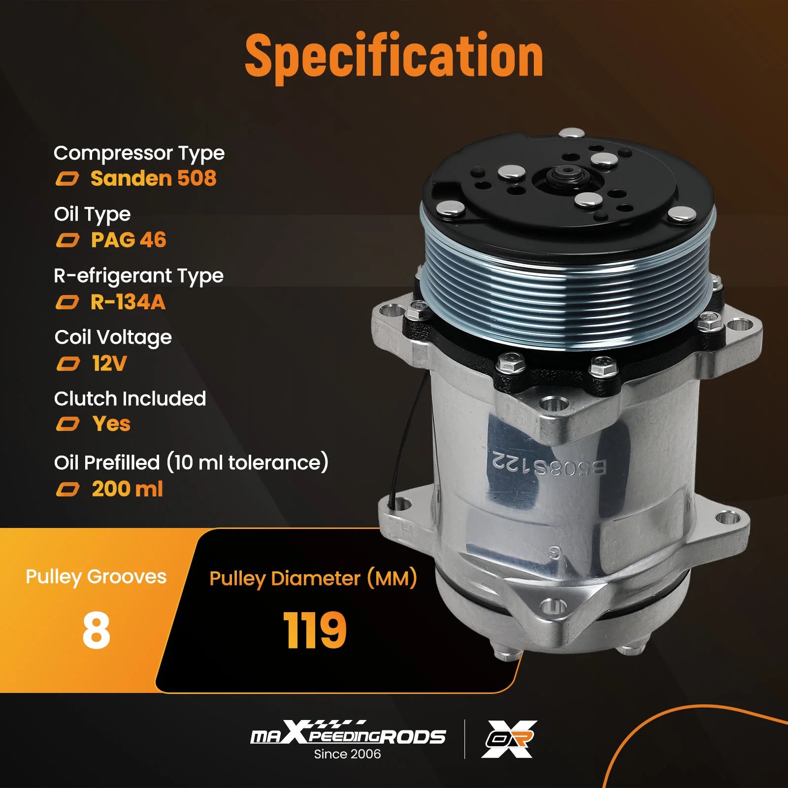 R134a 12V A/C Compressor Kit for Sanden 5H14/508, 8-Groove