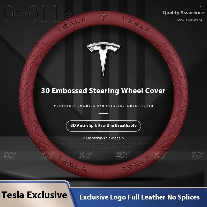 Anti-Slip Leather Steering Wheel Cover for Tesla Model 3, Y, S, X