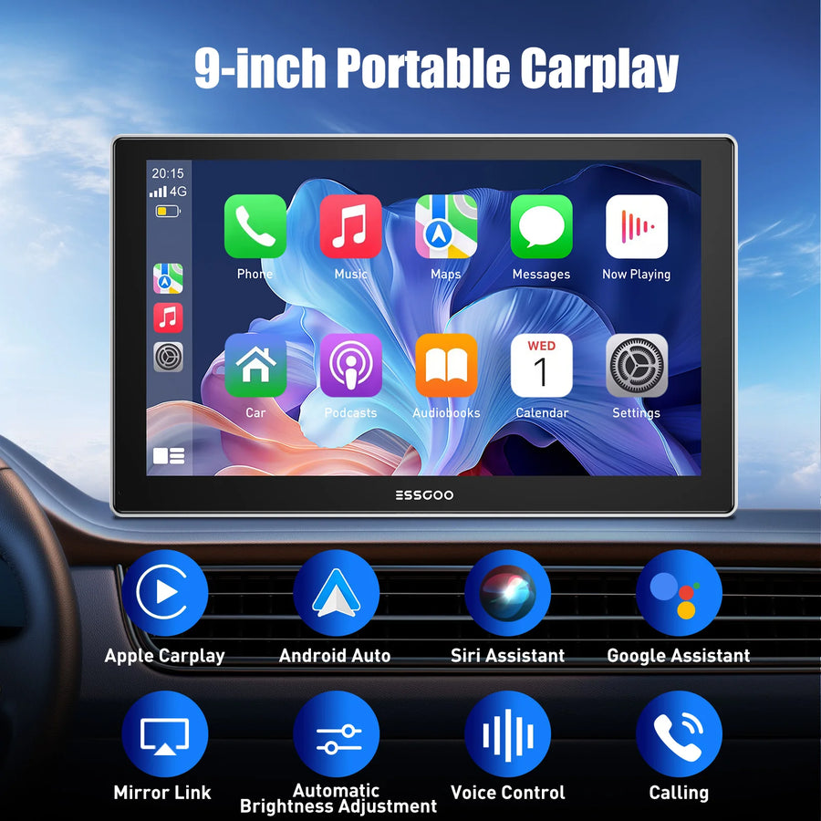 9-Inch Portable Wireless CarPlay and Android Auto Display