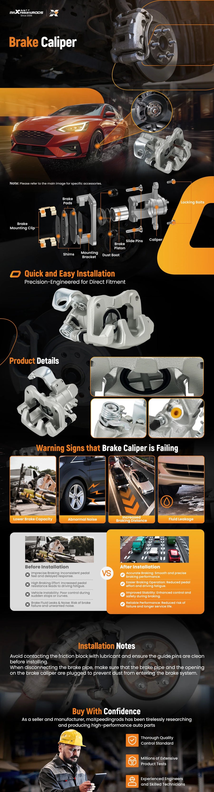 Rear Left Brake Caliper for Civic 2006-2018