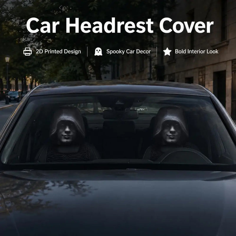 2-Piece Mysterious Hooded Face Car Headrest Covers – Universal Black Interior Decor
