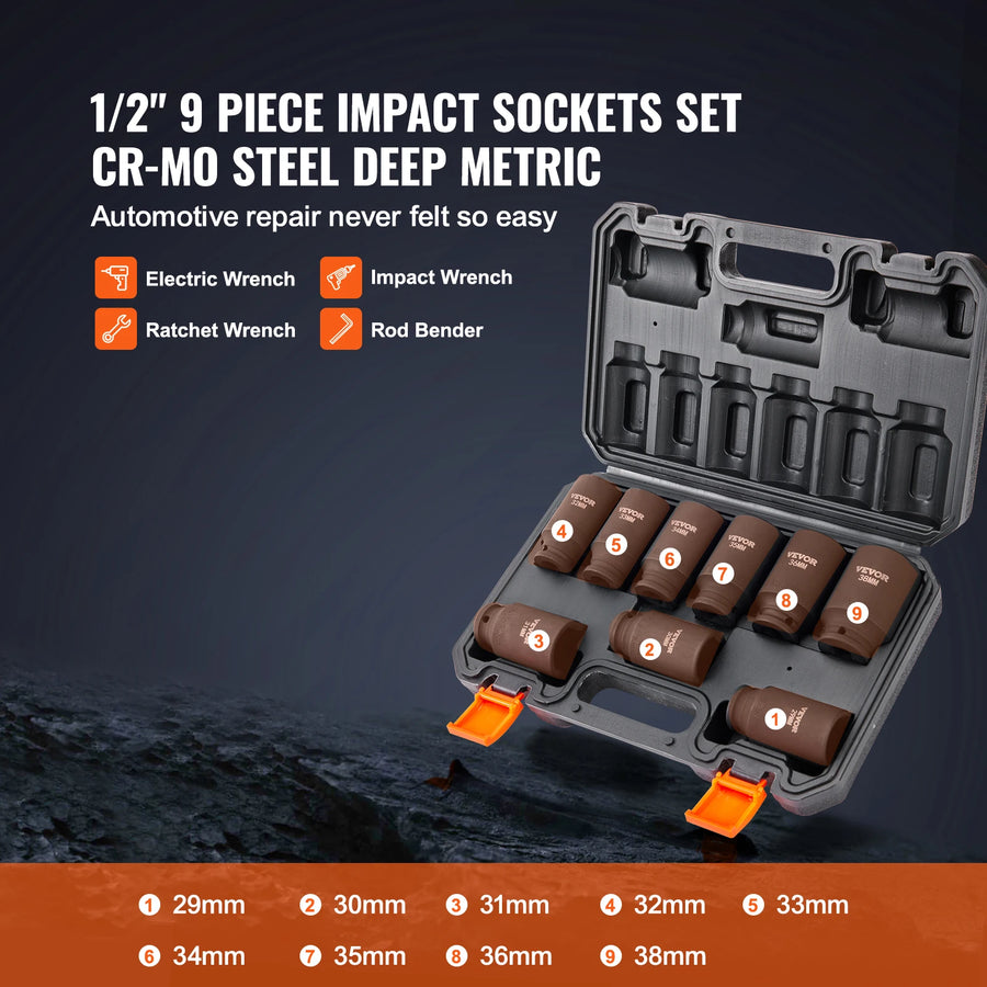 9-Piece 1/2-Inch Drive Deep Impact Socket Set, 29-38mm