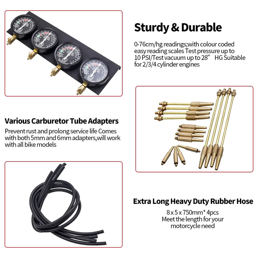 Four-Gauge Carburetor Synchronizer & Vacuum Balancer Tool Kit