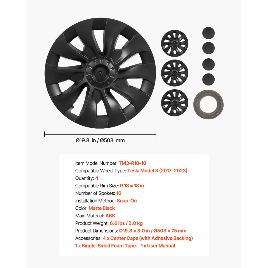 Matte Black Wheel Cover Set – Tesla Model 3/Y 18–20 in