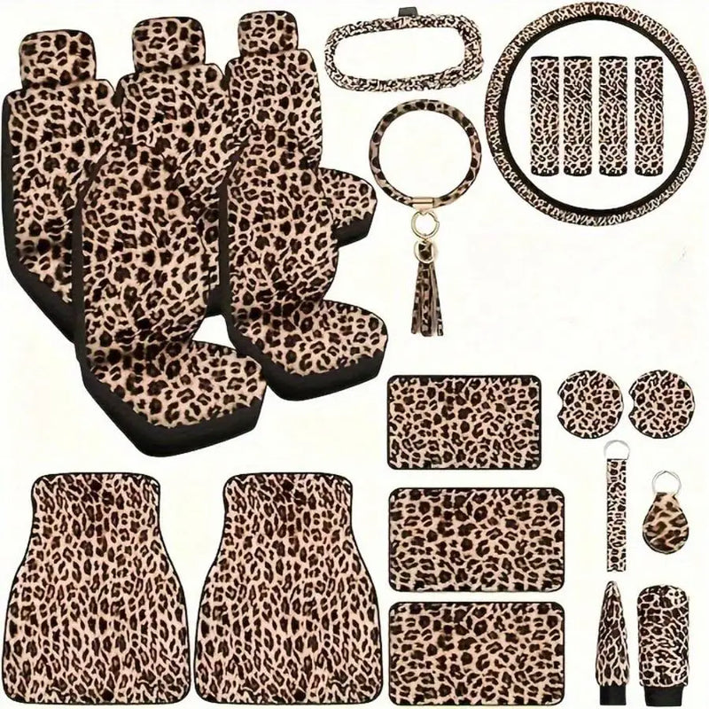 25-Piece Leopard Print Car Interior Accessories Set With Seat Covers and Floor Mats
