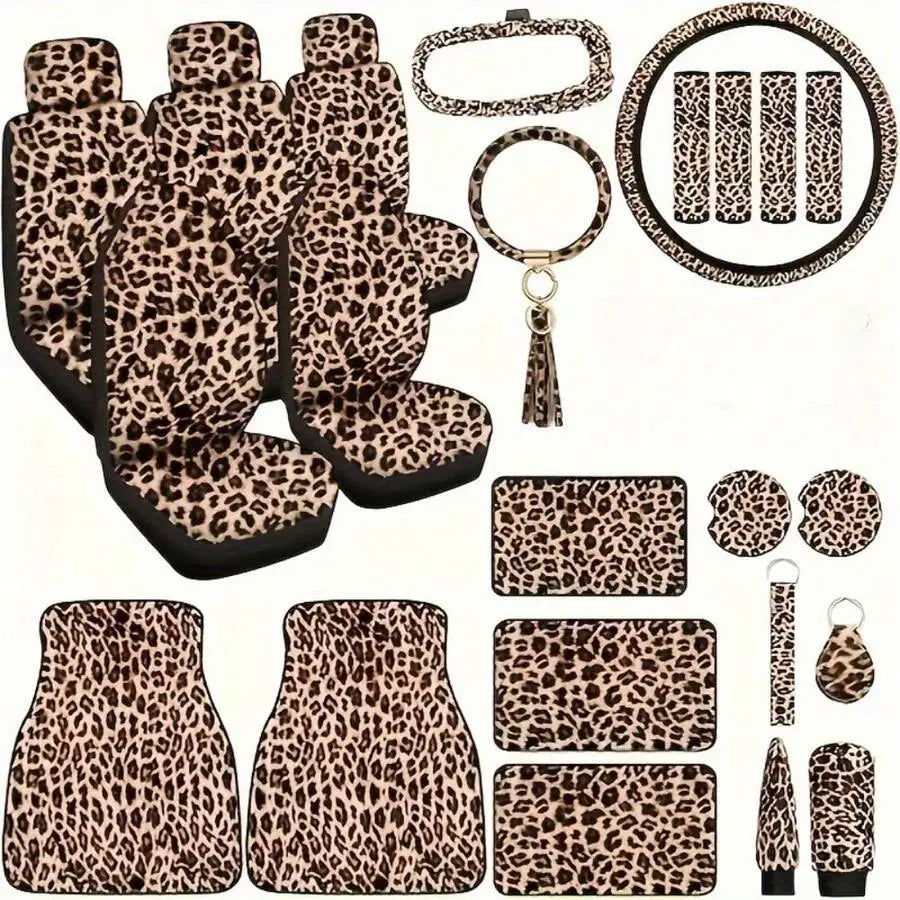 25-Piece Leopard Print Car Interior Accessories Set With Seat Covers and Floor Mats