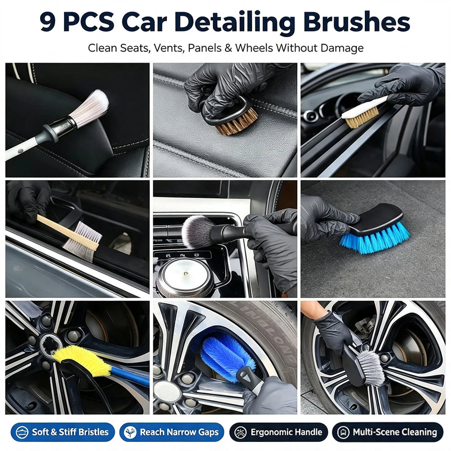 9-Piece Car Detailing Brush Set for Interior & Exterior