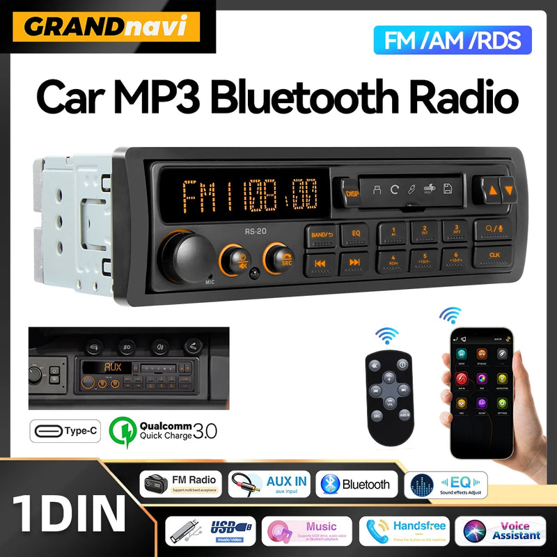 Retro 1-DIN Bluetooth Car Stereo with FM, AM, RDS, DAB, USB and AUX