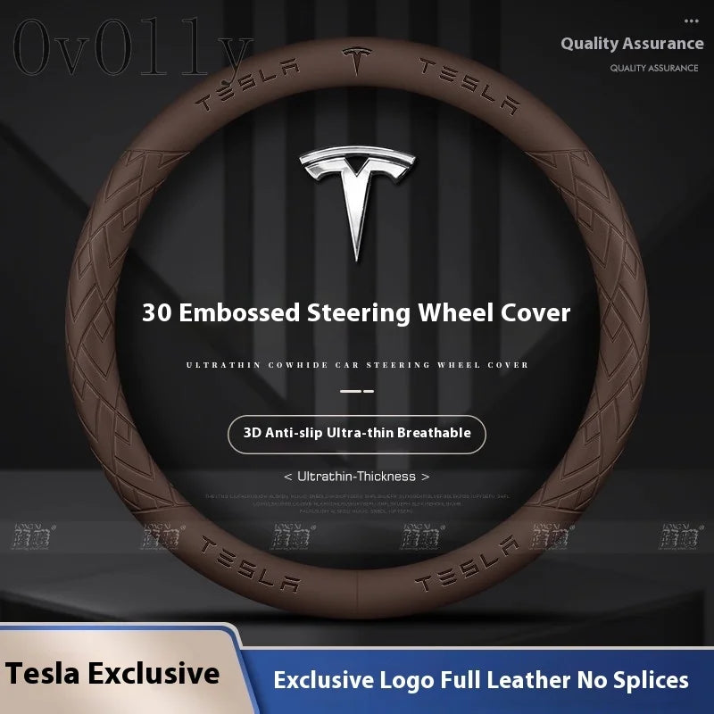 Anti-Slip Leather Steering Wheel Cover for Tesla Model 3, Y, S, X
