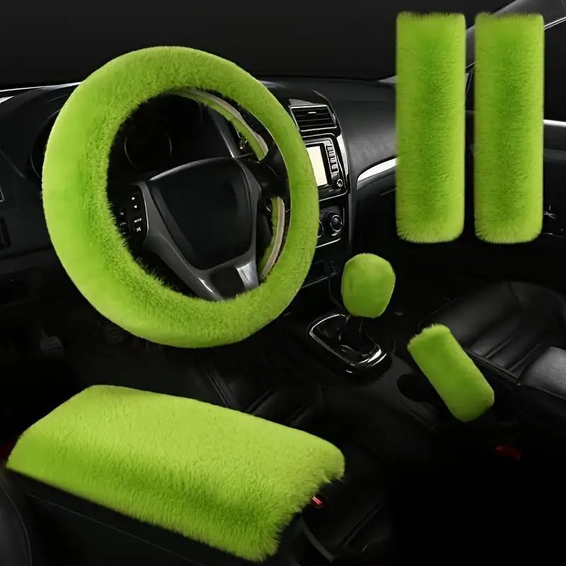 6-Piece Soft Plush Car Interior Accessories Set With Steering Wheel Cover