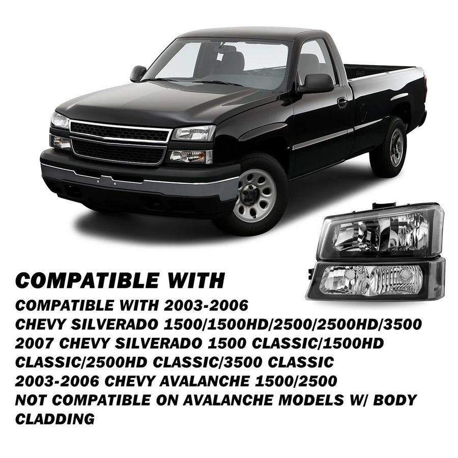 Black Headlight and Bumper Lamp Set for Chevrolet Silverado 2003-2006