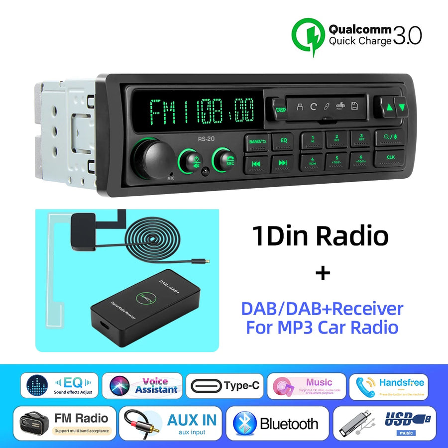 Retro 1-DIN Bluetooth Car Stereo with FM, AM, RDS, DAB and USB