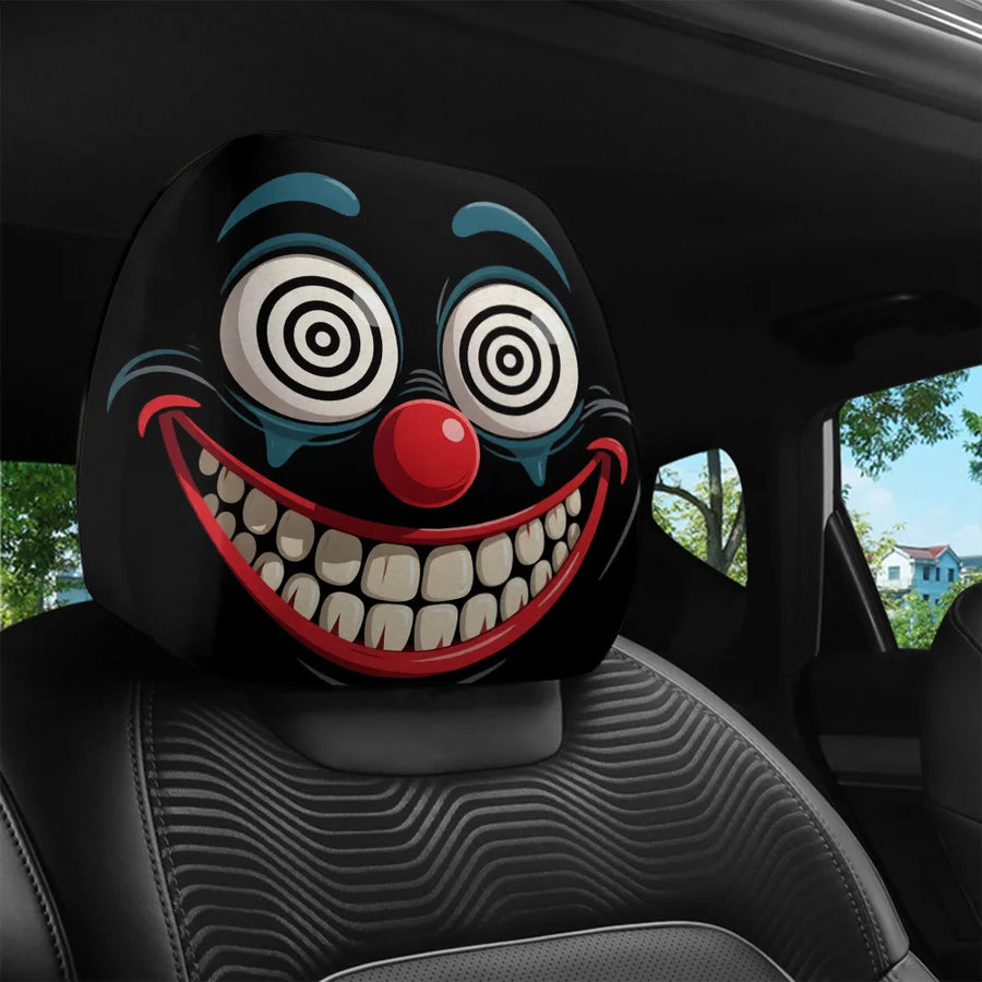 2-Piece Scary Clown Face Car Headrest Covers – Stain-Resistant Interior Decor