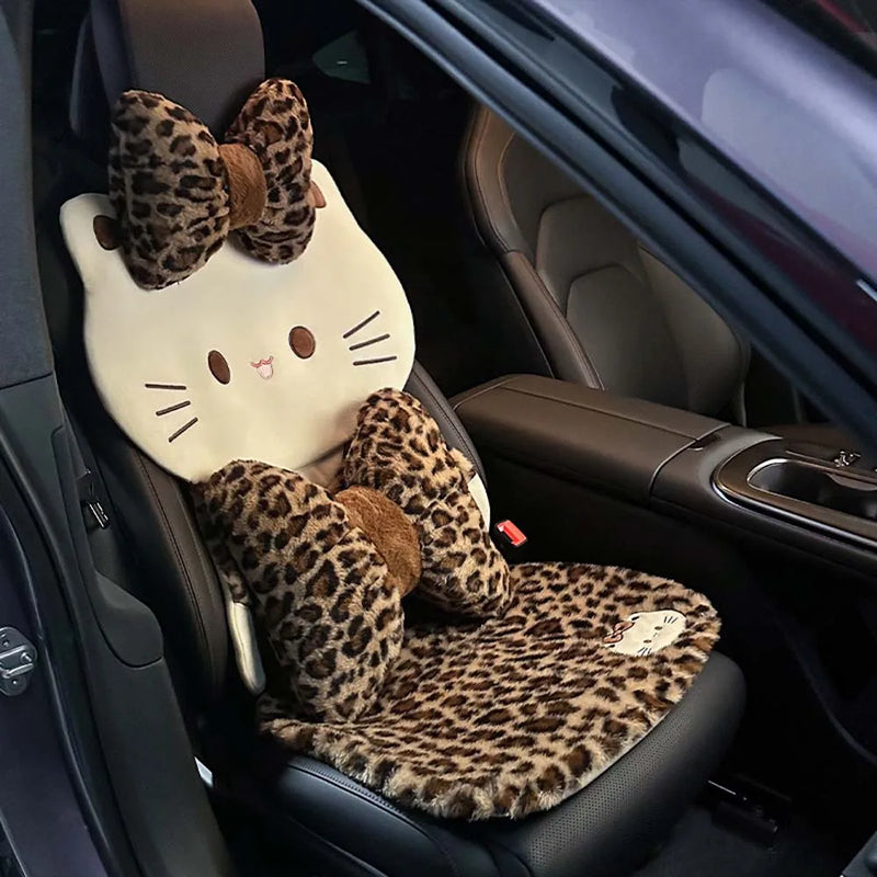 Fun Leopard Print Cartoon Cat Plush Car Seat Covers Set Soft Breathable Rabbit Fur Material