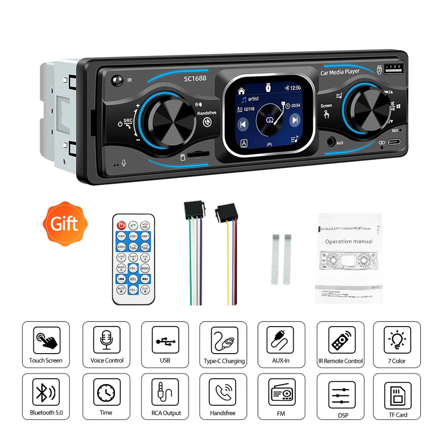 1-DIN Bluetooth Touchscreen Car Stereo with USB, SD and AUX