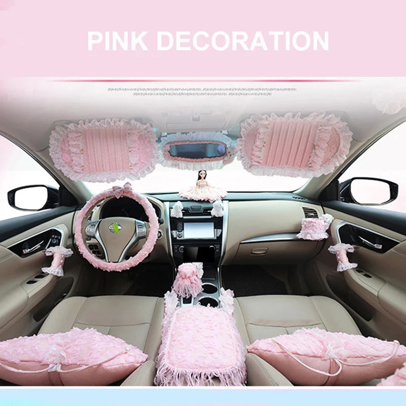 Pink Lace Car Interior Accessories Set With Steering Wheel Cover