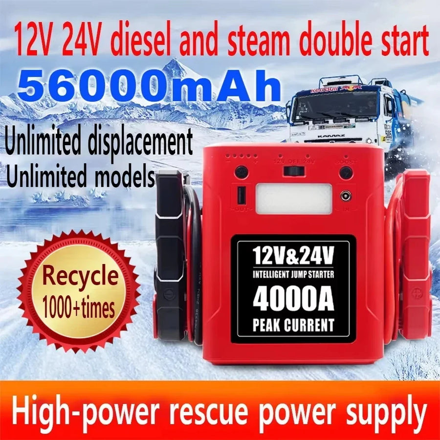 4000A 12V/24V Portable Vehicle Jump Starter - 56,000mAh