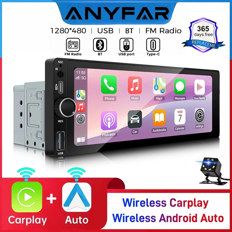 6.86-Inch 1-DIN Wireless CarPlay and Android Auto Car Stereo