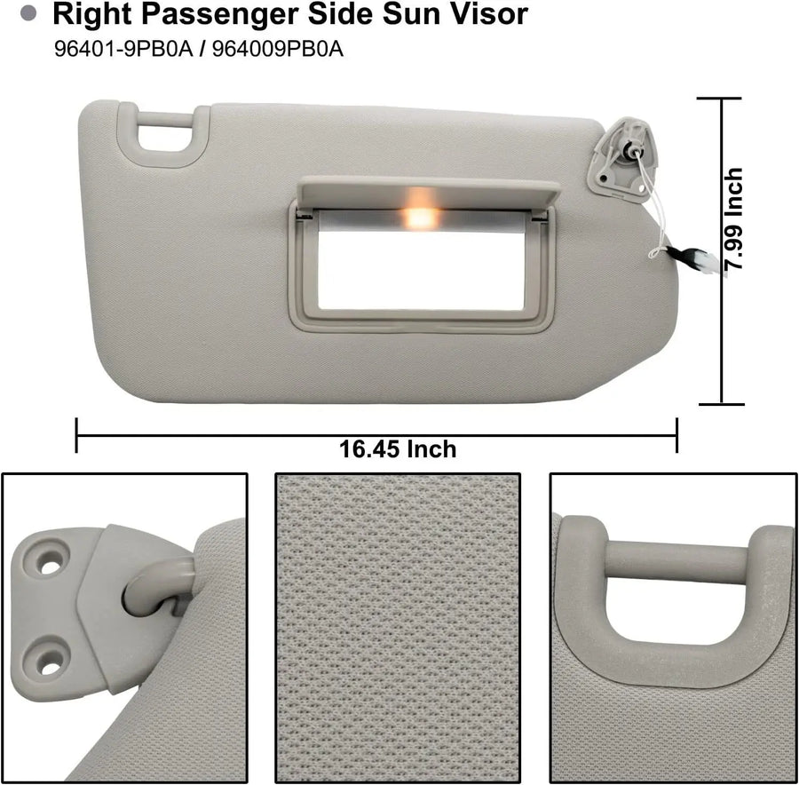 Right Passenger Sun Visor with Lamp for 2013-2018 Nissan Pathfinder QX60 Grey