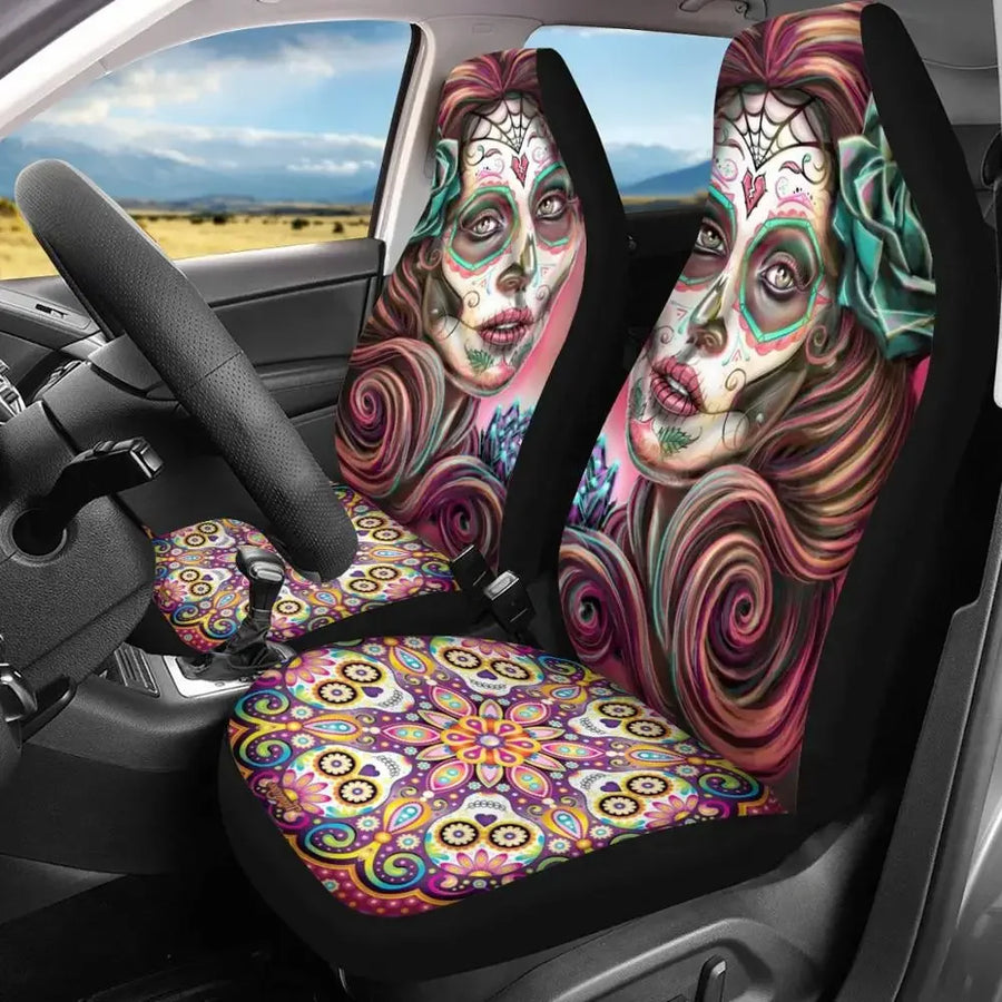 2-Piece Sugar Skull Day of the Dead Front Car Seat Cover Set