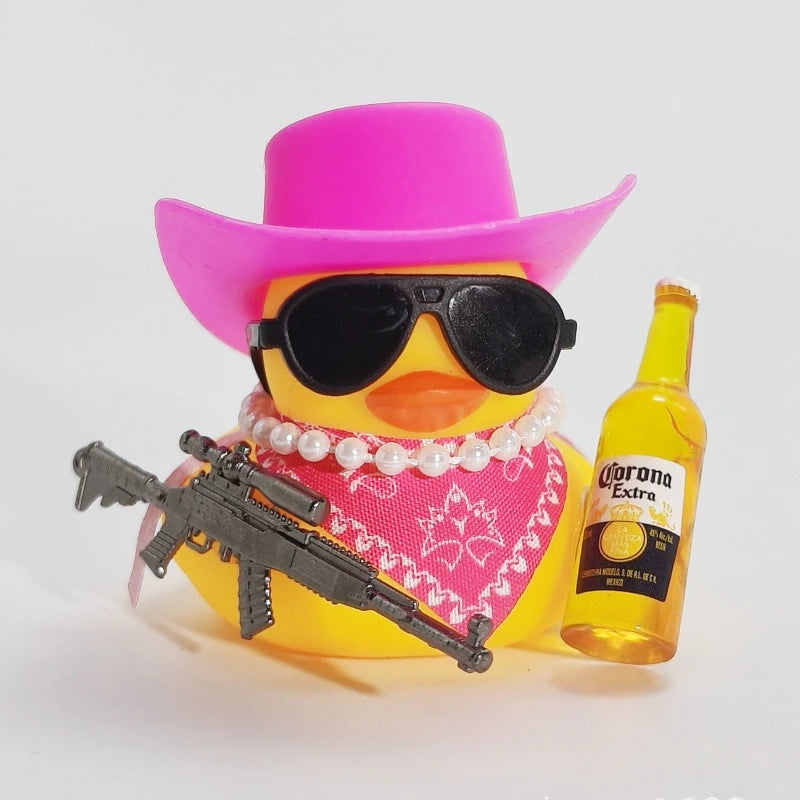 Cool Black Yellow Rich Duck Car Dashboard Decoration Ornaments with Weapon Cowboy Hat Scarf